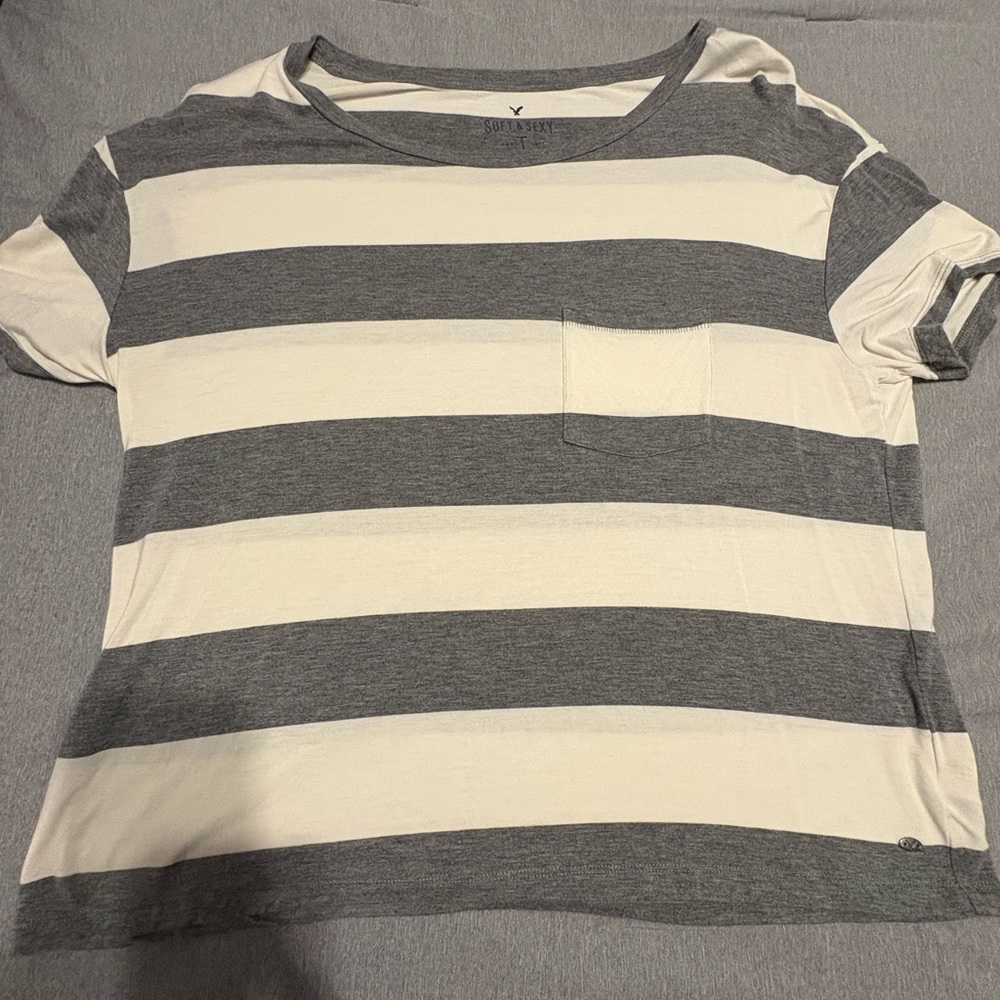 American Eagle Soft and Sexy Gray and White Striped Short Sleeve Tee